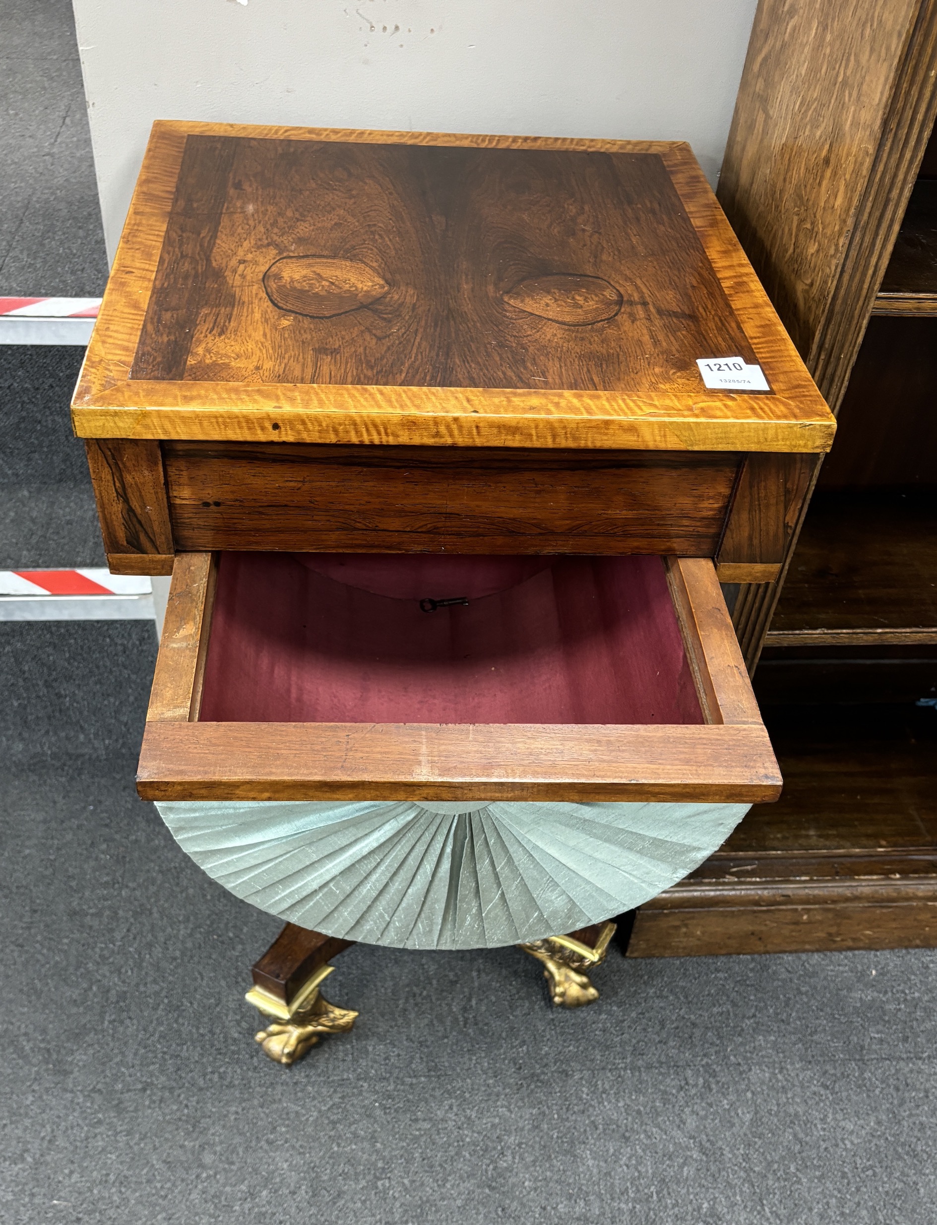 A George IV square rosewood and satinwood banded sewing table, 46cm, height 81cm